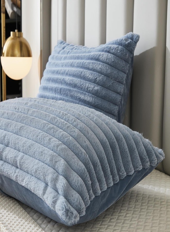 Uhamho Bed Pillowcase Standard Set of 2 Striped Faux Rabbit Fur and Velvet Back Rectangle Lumbar Pillow Covers Shams Modern Home Decorative (Dusty Blue, 20 x 26 Inch) - Image 3