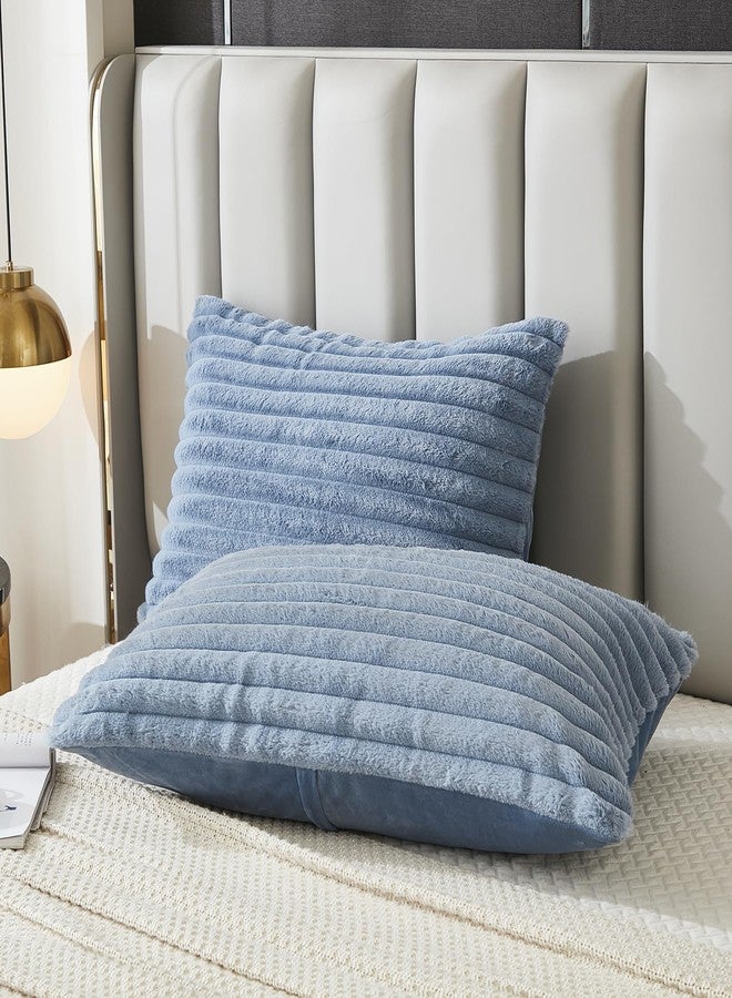 Uhamho Bed Pillowcase Standard Set of 2 Striped Faux Rabbit Fur and Velvet Back Rectangle Lumbar Pillow Covers Shams Modern Home Decorative (Dusty Blue, 20 x 26 Inch) - Image 1