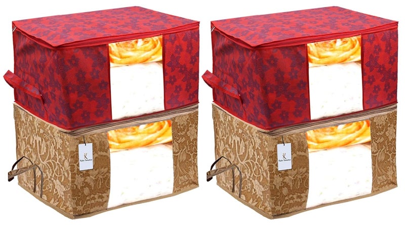 Kuber Industries Metalic Printed 4 Piece Non Woven Fabric Underbed Storage BagCloth OrganiserBlanket Cover with Transparent Window Beige Red CTKTC41096 - Image 1