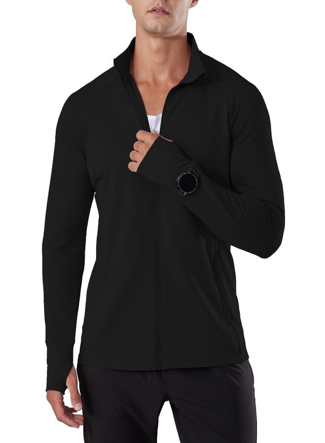 Locachy Men's Lightweight Quick Dry Athletic Jacket Full Zip Stand Collar Running Workout Performance Shirt Black L - Image 1