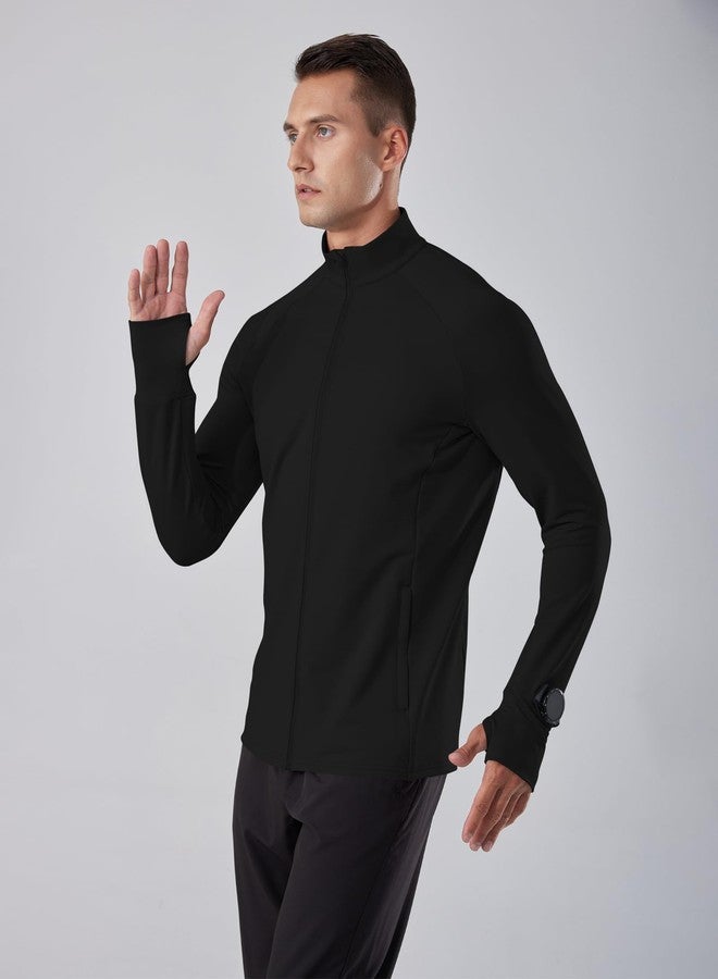 Locachy Men's Lightweight Quick Dry Athletic Jacket Full Zip Stand Collar Running Workout Performance Shirt Black L - Image 3