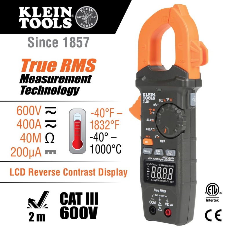 Klein Tools مقياس تيار رقمي CL390 AC/DC، نطاق تلقائي، 400 أمبير، مختبر NCVT، شاشة LCD عالية الوضوح، TRMS، مقاومة الاستمرارية، درجة الحرارة والمزيد - Image 2