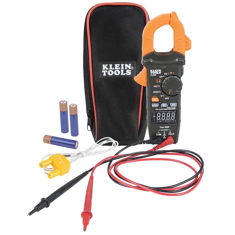 Klein Tools مقياس تيار رقمي CL390 AC/DC، نطاق تلقائي، 400 أمبير، مختبر NCVT، شاشة LCD عالية الوضوح، TRMS، مقاومة الاستمرارية، درجة الحرارة والمزيد - Image 1
