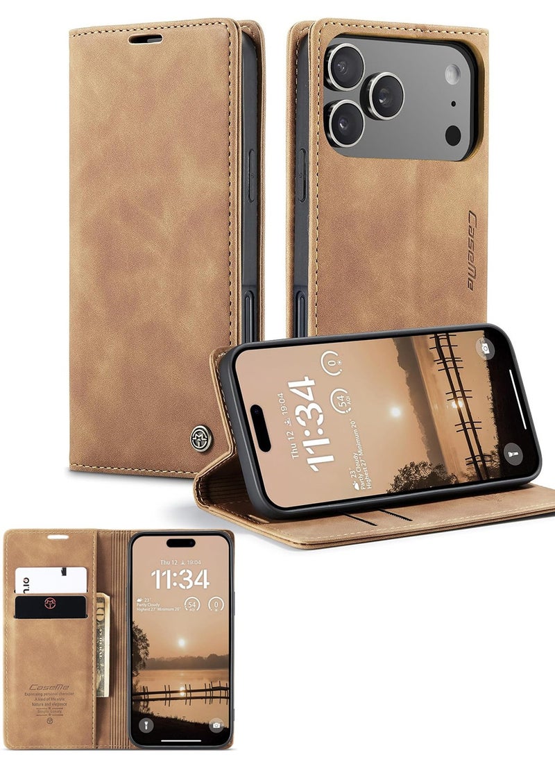 جراب محفظة جلد PU عتيق قابل للطي مع حامل بطاقات، إغلاق مغناطيسي، غطاء مقاوم للصدمات بمسند لهاتف iPhone 17 Pro Max - بني - Image 1