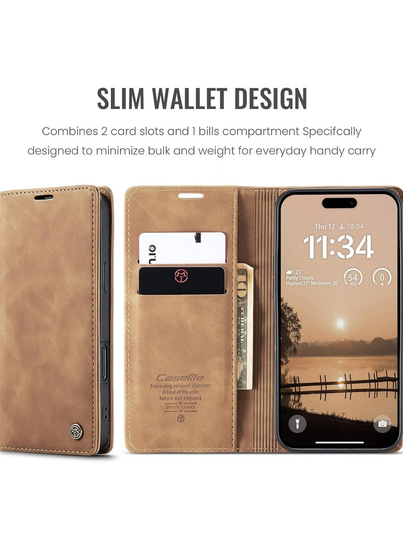 جراب محفظة جلد PU عتيق قابل للطي مع حامل بطاقات، إغلاق مغناطيسي، غطاء مقاوم للصدمات بمسند لهاتف iPhone 17 Pro Max - بني - Image 2
