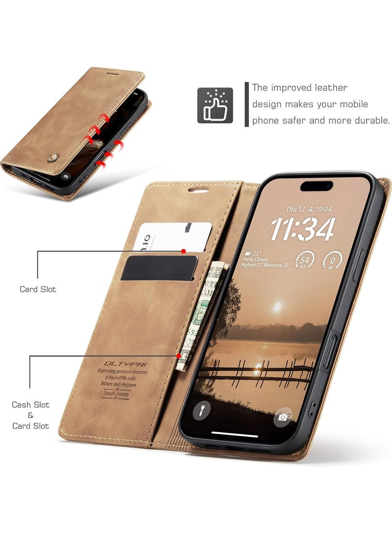 جراب محفظة جلد PU عتيق قابل للطي مع حامل بطاقات، إغلاق مغناطيسي، غطاء مقاوم للصدمات بمسند لهاتف iPhone 17 Pro Max - بني - Image 3
