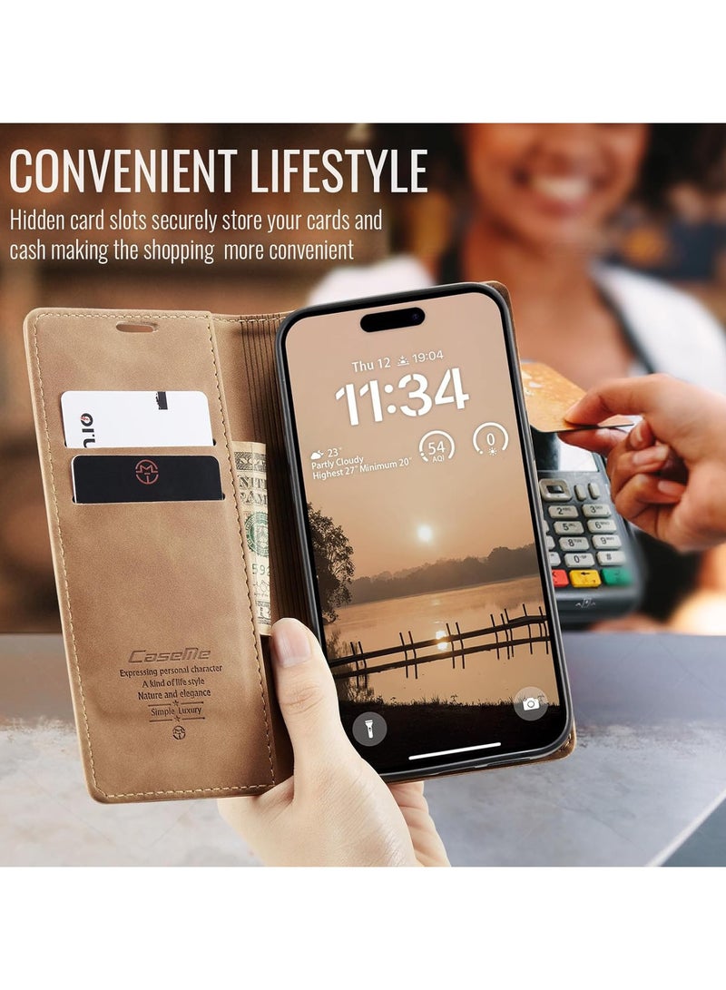 جراب محفظة جلد PU عتيق قابل للطي مع حامل بطاقات، إغلاق مغناطيسي، غطاء مقاوم للصدمات بمسند لهاتف iPhone 17 Pro Max - بني - Image 5