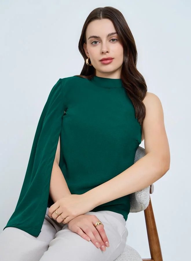 Styli Styli Teal Cape Style One Shoulder Sleeve Blouse