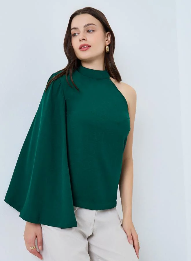 Styli Styli Teal Cape Style One Shoulder Sleeve Blouse