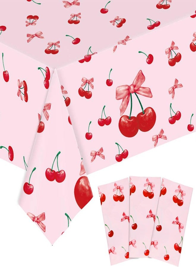 Pinsit 3 PCS Cherry Birthday Decorations Tablecloths, Cherry Party Decorations, Large Size Disposable Waterproof Rectangle Bow and Cherry Tablecloth for Birthday Baby Shower Wedding, 54 x 108 Inch - Image 1