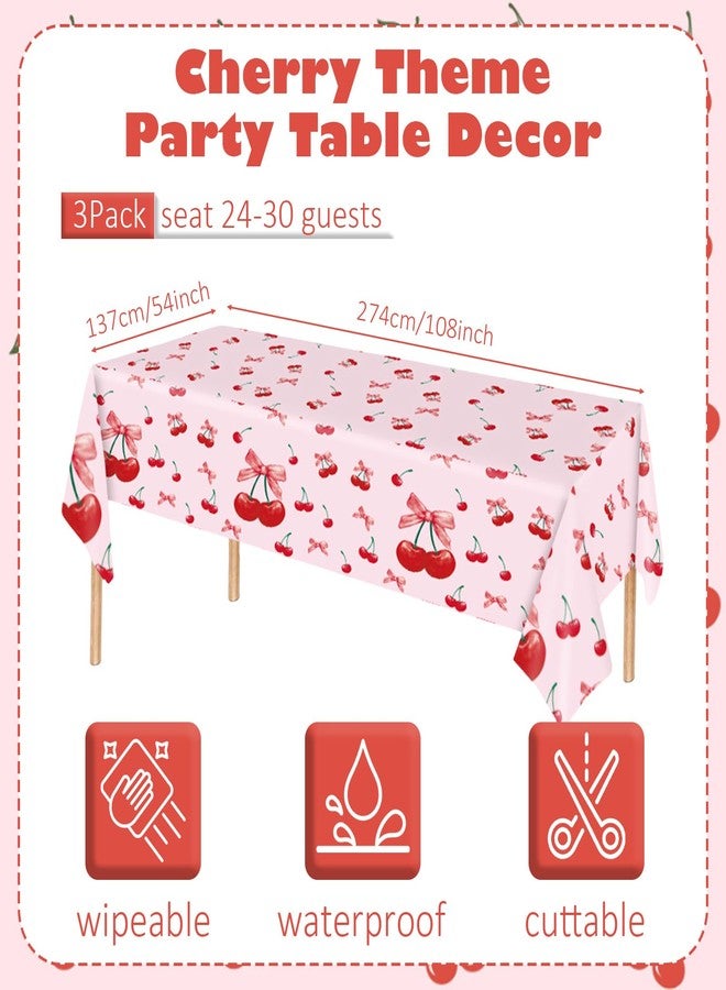 Pinsit 3 PCS Cherry Birthday Decorations Tablecloths, Cherry Party Decorations, Large Size Disposable Waterproof Rectangle Bow and Cherry Tablecloth for Birthday Baby Shower Wedding, 54 x 108 Inch - Image 3