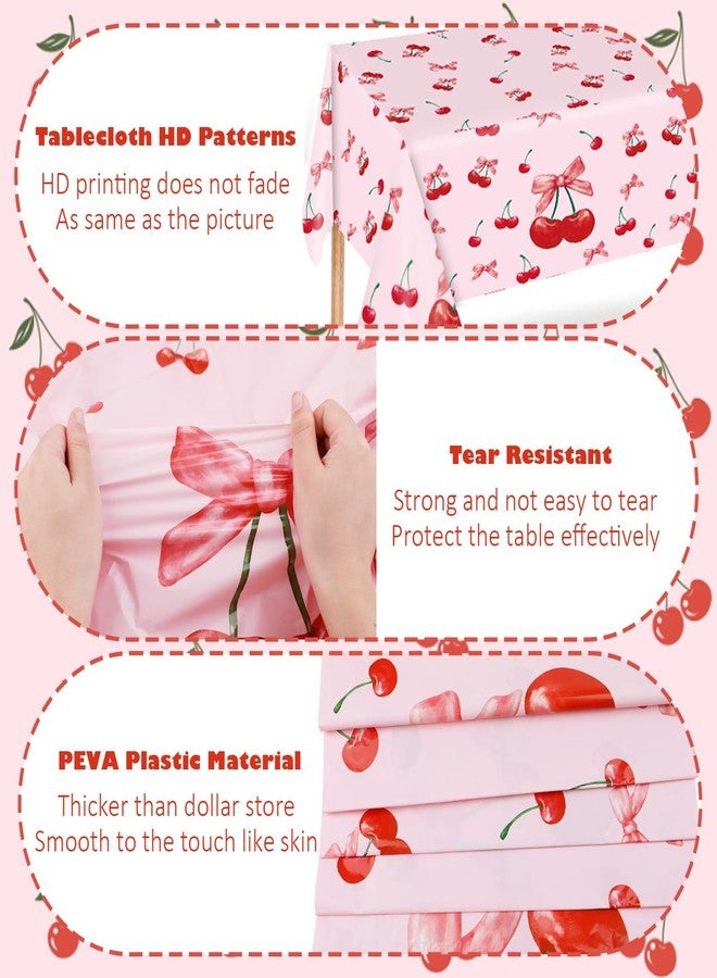 Pinsit 3 PCS Cherry Birthday Decorations Tablecloths, Cherry Party Decorations, Large Size Disposable Waterproof Rectangle Bow and Cherry Tablecloth for Birthday Baby Shower Wedding, 54 x 108 Inch - Image 4