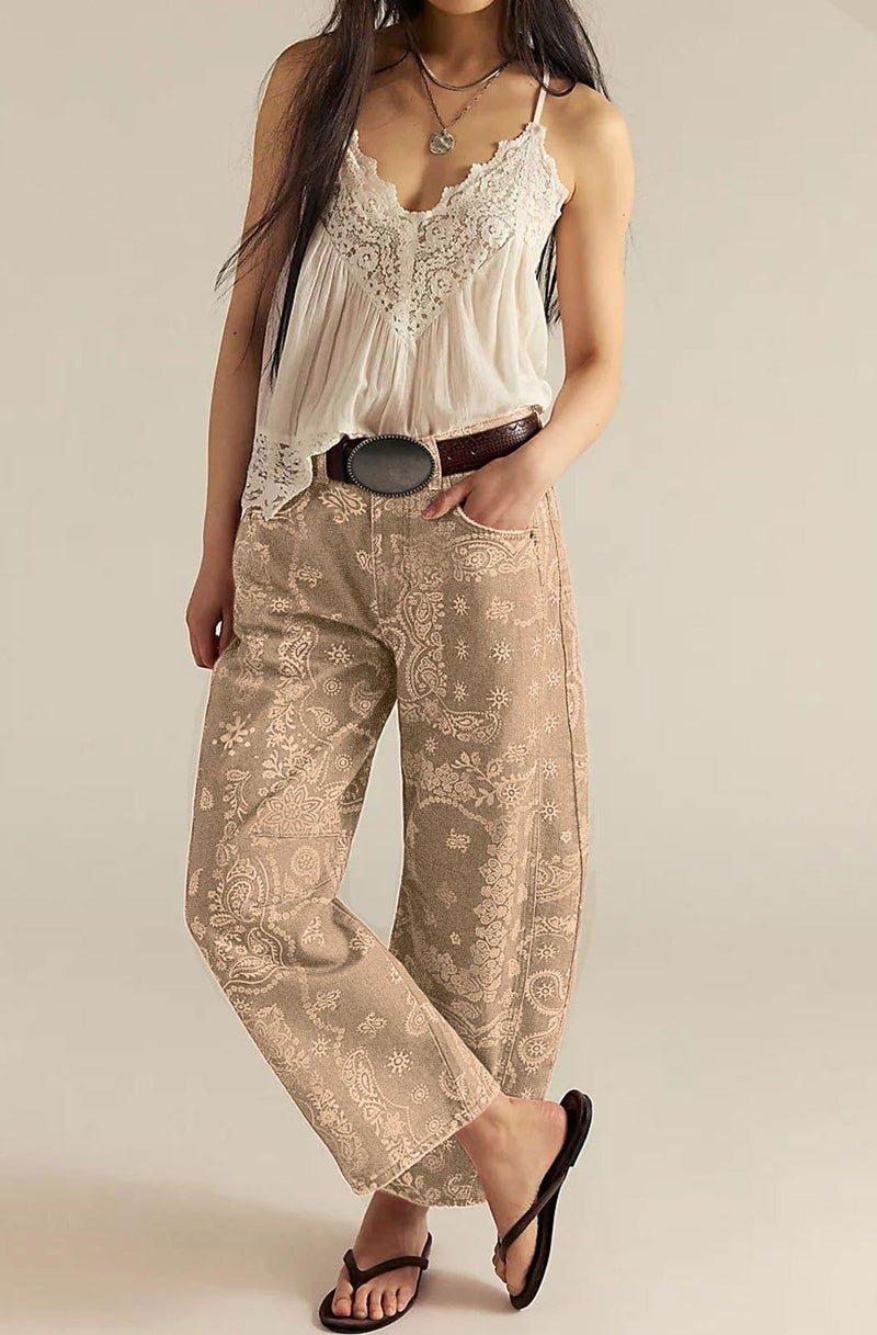 loveimgs Women Boyfriend Baggy Barrel Jeans Floral Print Denim Ankle Pants Wide Leg Mid Rise Jeans Sweatpants Y2k Patchwork (Large,Khaki) - Image 2