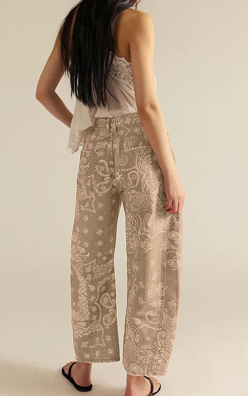 loveimgs Women Boyfriend Baggy Barrel Jeans Floral Print Denim Ankle Pants Wide Leg Mid Rise Jeans Sweatpants Y2k Patchwork (Large,Khaki) - Image 4