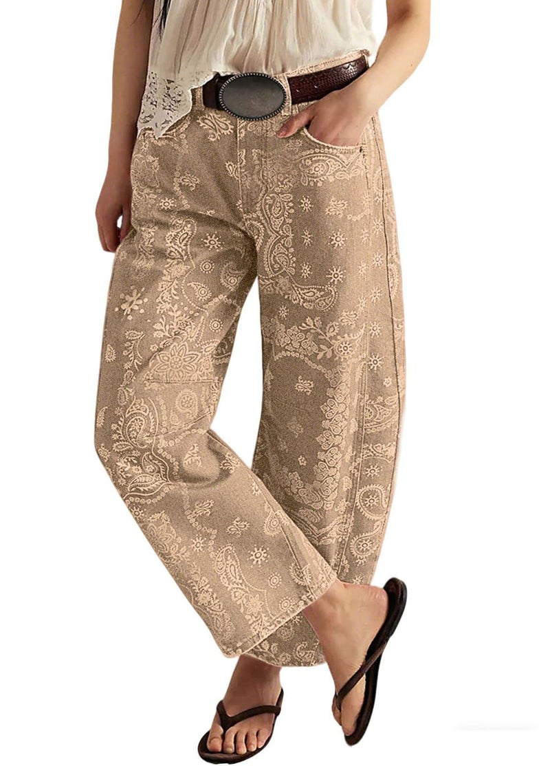 loveimgs Women Boyfriend Baggy Barrel Jeans Floral Print Denim Ankle Pants Wide Leg Mid Rise Jeans Sweatpants Y2k Patchwork (Large,Khaki) - Image 1