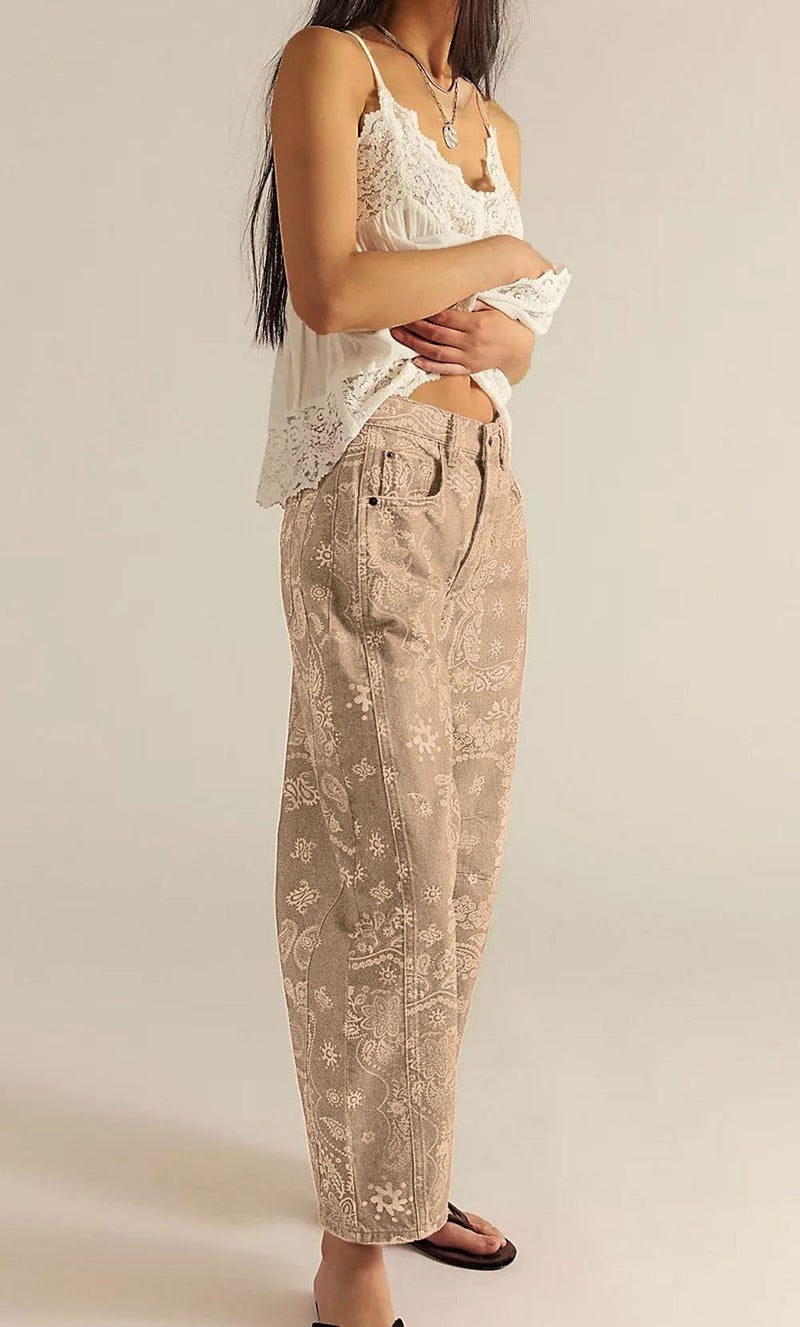 loveimgs Women Boyfriend Baggy Barrel Jeans Floral Print Denim Ankle Pants Wide Leg Mid Rise Jeans Sweatpants Y2k Patchwork (Large,Khaki) - Image 5