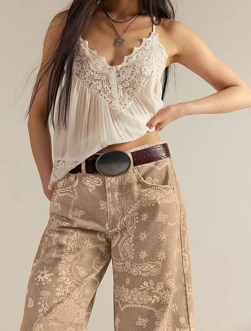loveimgs Women Boyfriend Baggy Barrel Jeans Floral Print Denim Ankle Pants Wide Leg Mid Rise Jeans Sweatpants Y2k Patchwork (Large,Khaki) - Image 3