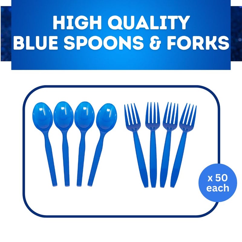 Blue Orchards Blue Spoon and Fork Set (50 Each) - Blue Tableware for Parties  Lightweight Plasticware  Colored Cutleries  Plastic Utensils Set  Disposable Cutlery for Occasions  Party Supplies  Blue Orchards - Image 1