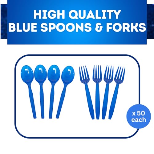 Blue Orchards Blue Spoon and Fork Set (50 Each) - Blue Tableware for Parties  Lightweight Plasticware  Colored Cutleries  Plastic Utensils Set  Disposable Cutlery for Occasions  Party Supplies  Blue Orchards - Image 2