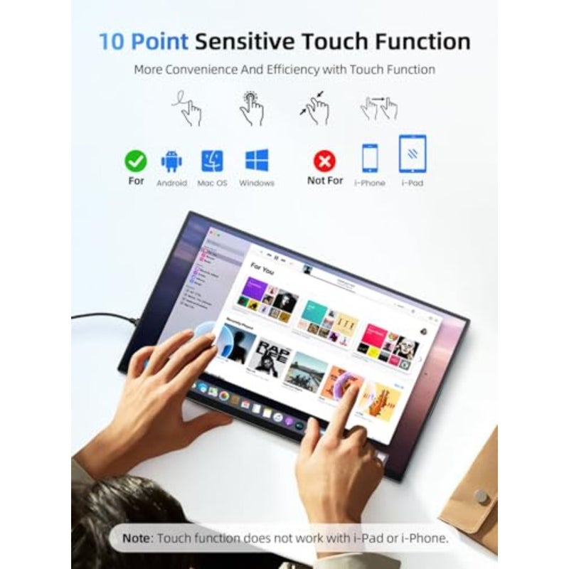 15.6" Touchscreen Portable Monitor 1080P IPS Matte Screen, Ultra-Thin Travel Monitor with Adjustable Stand HDMI USB-C External Display for Laptop, Phone, Mini Host, Game Console - Image 2