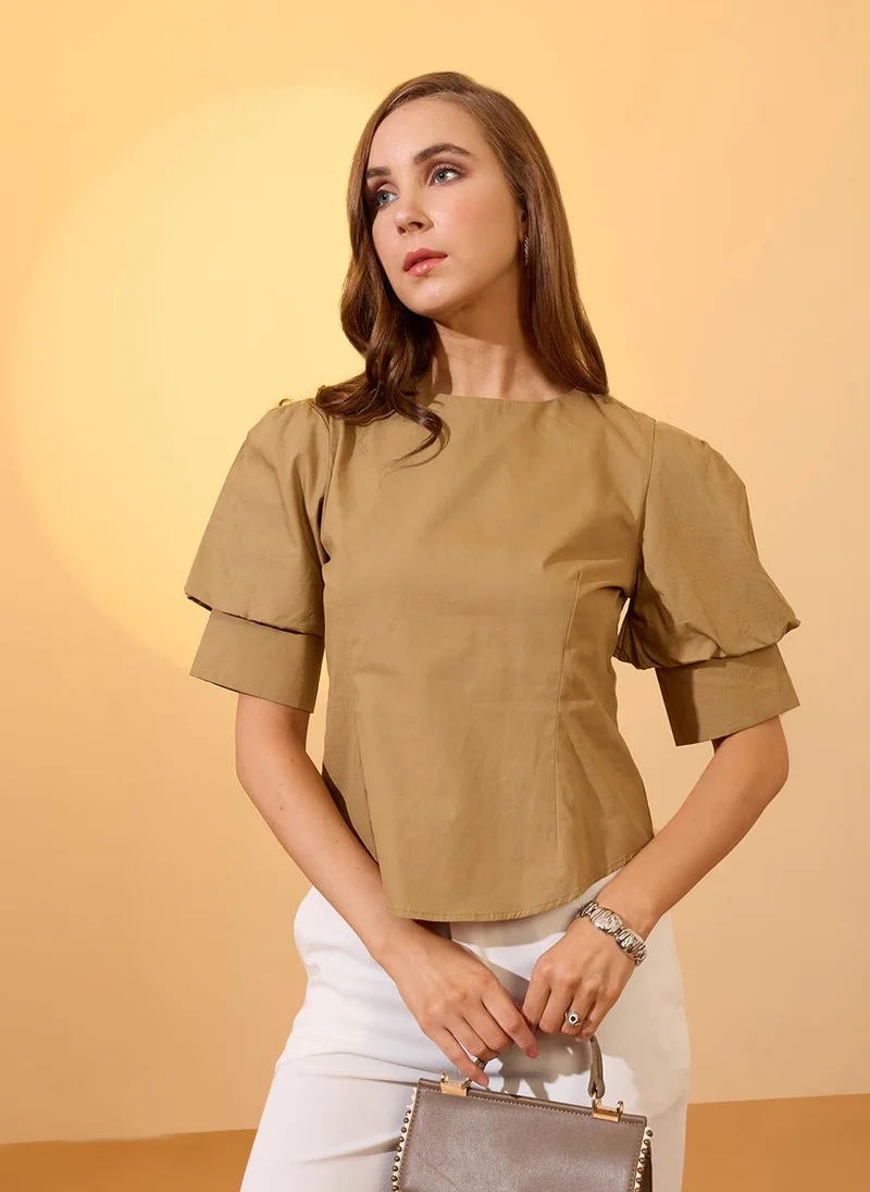 globus Globus Women Khaki Puff Sleeve Round Neck Back Button Shirt Style Workwear Top