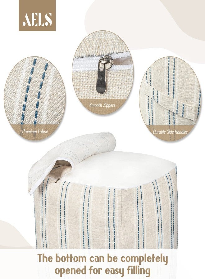AELS Unstuffed Farmhouse Pouf Cover for Living Room, Boho Storage Bean Bag Cubes, Beige with Navy Blue Stitch Yarn Dyed Stripe Square Ottoman Pouf Foot Rest Footstool, 18"x18"x18", Cover ONLY - Image 4