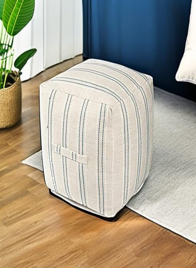 AELS Unstuffed Farmhouse Pouf Cover for Living Room, Boho Storage Bean Bag Cubes, Beige with Navy Blue Stitch Yarn Dyed Stripe Square Ottoman Pouf Foot Rest Footstool, 18"x18"x18", Cover ONLY - Image 5