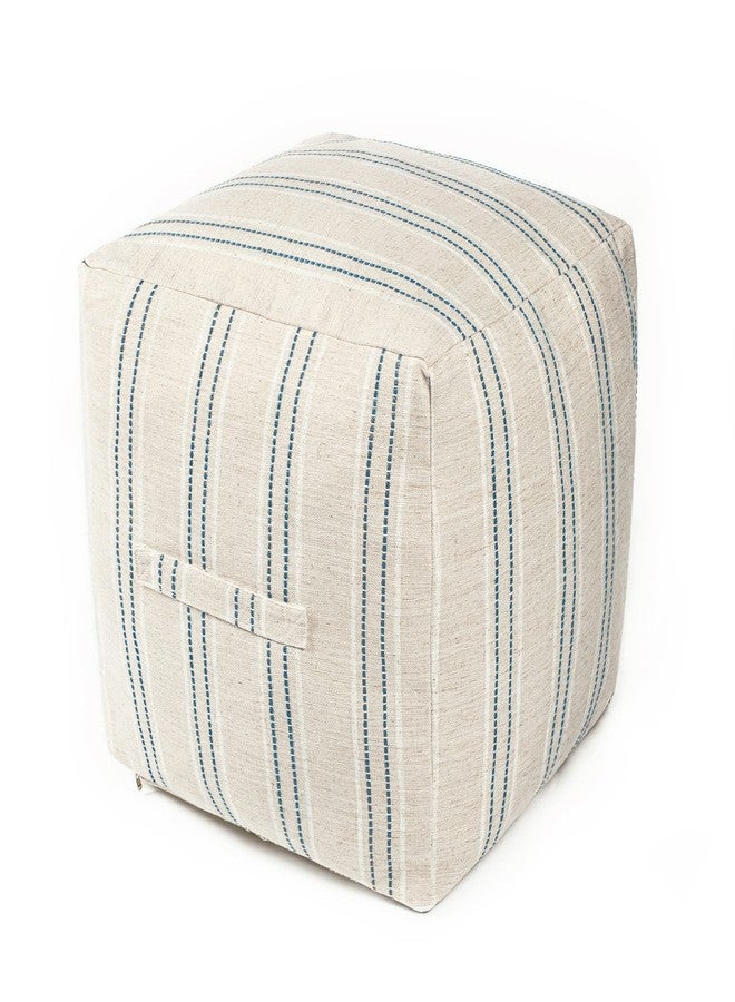 AELS Unstuffed Farmhouse Pouf Cover for Living Room, Boho Storage Bean Bag Cubes, Beige with Navy Blue Stitch Yarn Dyed Stripe Square Ottoman Pouf Foot Rest Footstool, 18"x18"x18", Cover ONLY - Image 1