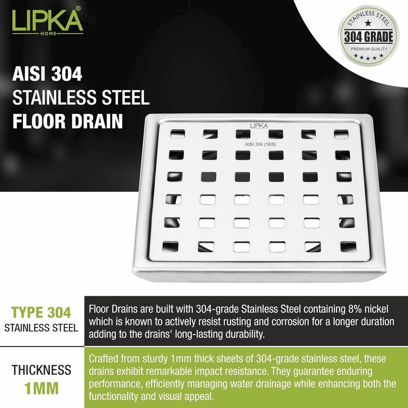 LIPKA Red Exclusive Square Floor Drain 6 x 6 Inches 304Grade Stainless Steel Floor Trap with Matte Finish Drain Jali for Bathrooms with Collar - Image 4