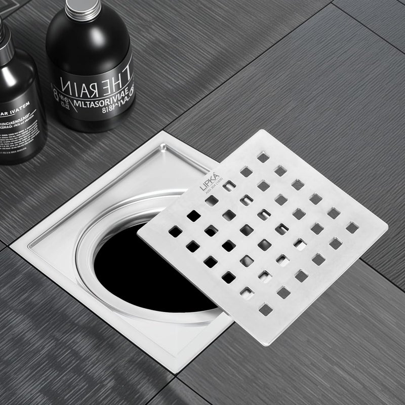 LIPKA Red Exclusive Square Floor Drain 6 x 6 Inches 304Grade Stainless Steel Floor Trap with Matte Finish Drain Jali for Bathrooms with Collar - Image 1