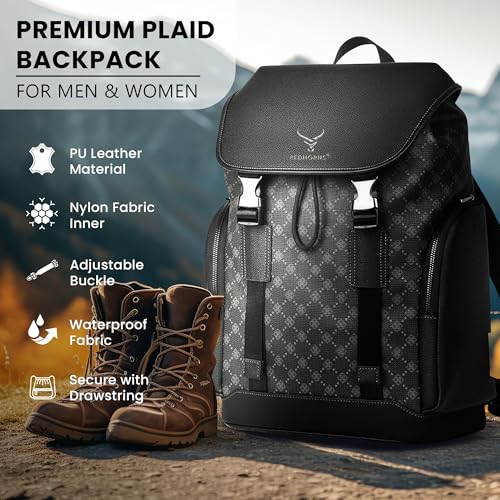 REDHORNS Water Resistant Premium Laptop Backpack for Men and Women, PU Leather 25L Backpack for Business Travel, Top Open Office Backpack with Trolley Sleeve (BP2361A-Black) - Image 2