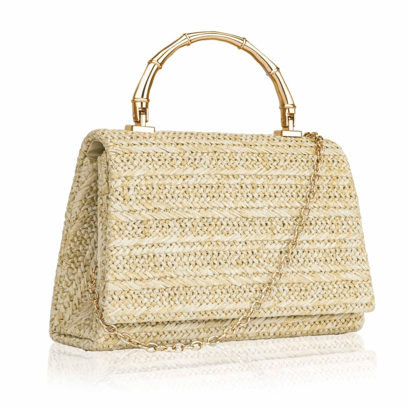 Larcenciel Straw Purses for Women, Summer Woven Top-Handle Evening Handbags w/Bamboo Handle & Chain Strap, Small Boho Beach Clutch Crossbody Party Bags for Wedding Cocktail Prom Vacation,Natural Beige - Image 1