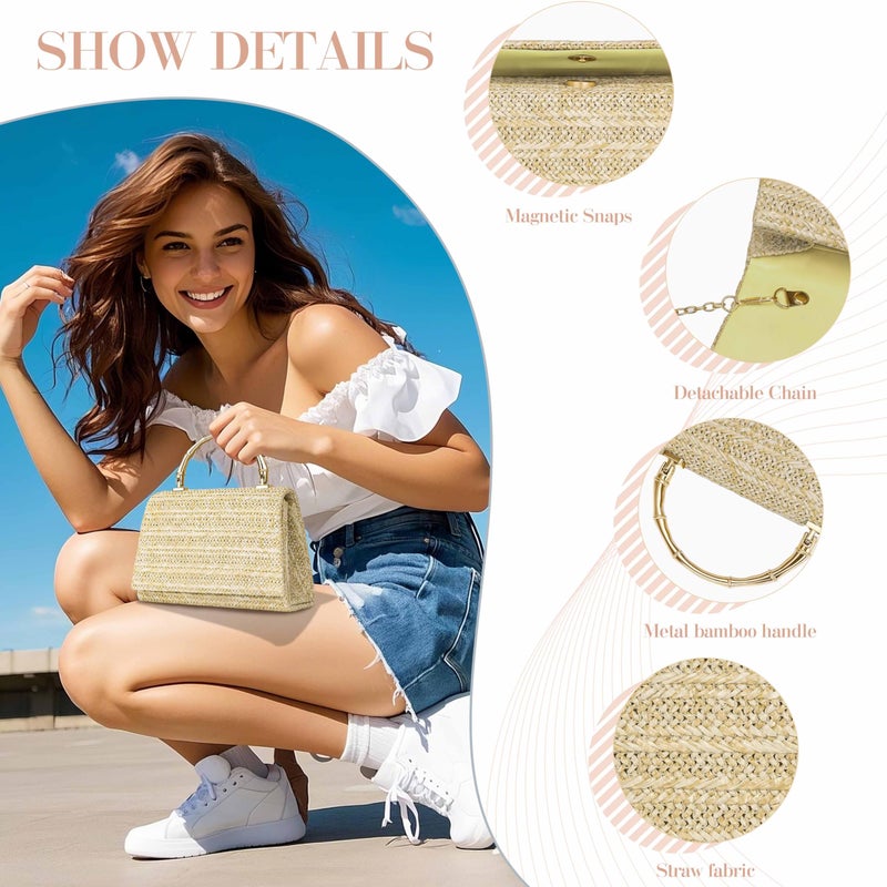 Larcenciel Straw Purses for Women, Summer Woven Top-Handle Evening Handbags w/Bamboo Handle & Chain Strap, Small Boho Beach Clutch Crossbody Party Bags for Wedding Cocktail Prom Vacation,Natural Beige - Image 4