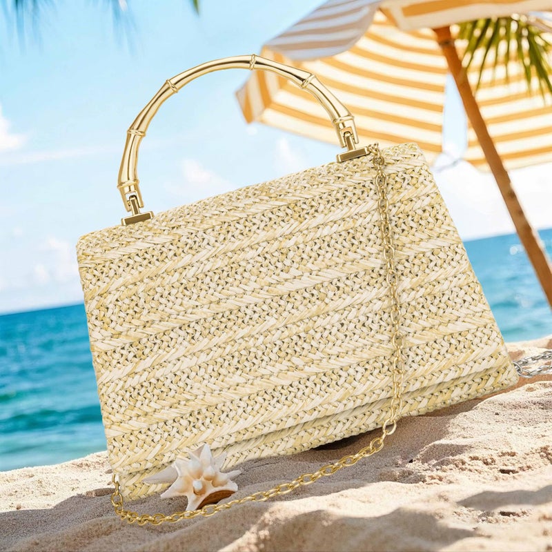 Larcenciel Straw Purses for Women, Summer Woven Top-Handle Evening Handbags w/Bamboo Handle & Chain Strap, Small Boho Beach Clutch Crossbody Party Bags for Wedding Cocktail Prom Vacation,Natural Beige - Image 3