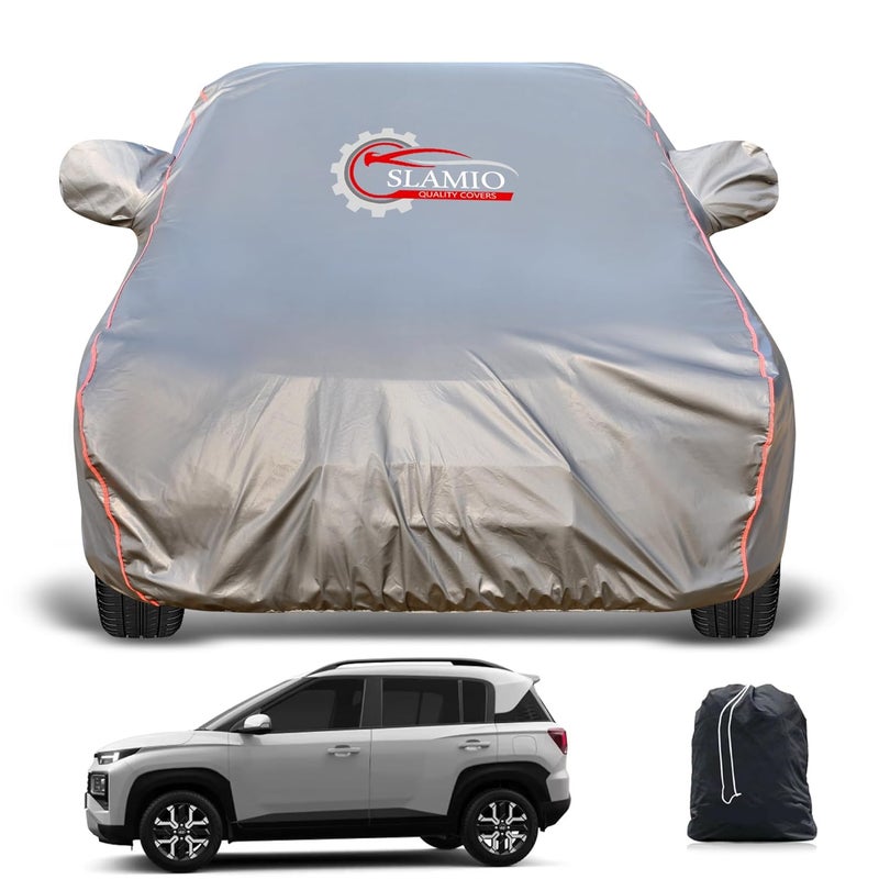 Slamio Heavy-Duty Car Body Cover for Hyundai's Exter (2023-2025) | Waterproof, Dustproof, UV Protection, Custom Fit, Heavy Belt & Buckle with Mirror & Antenna Pocket | Dark Grey - Image 1