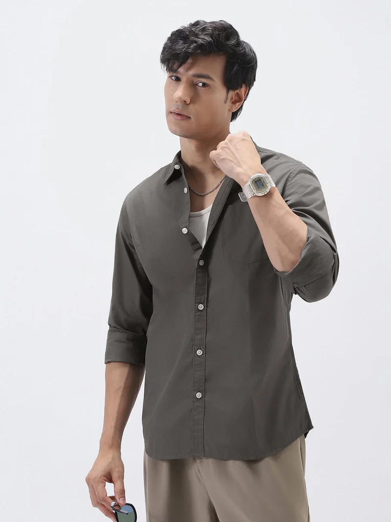 Urbano Fashion Men's Dark Grey Cotton Full Sleeve Regular Fit Casual Solid Shirt
