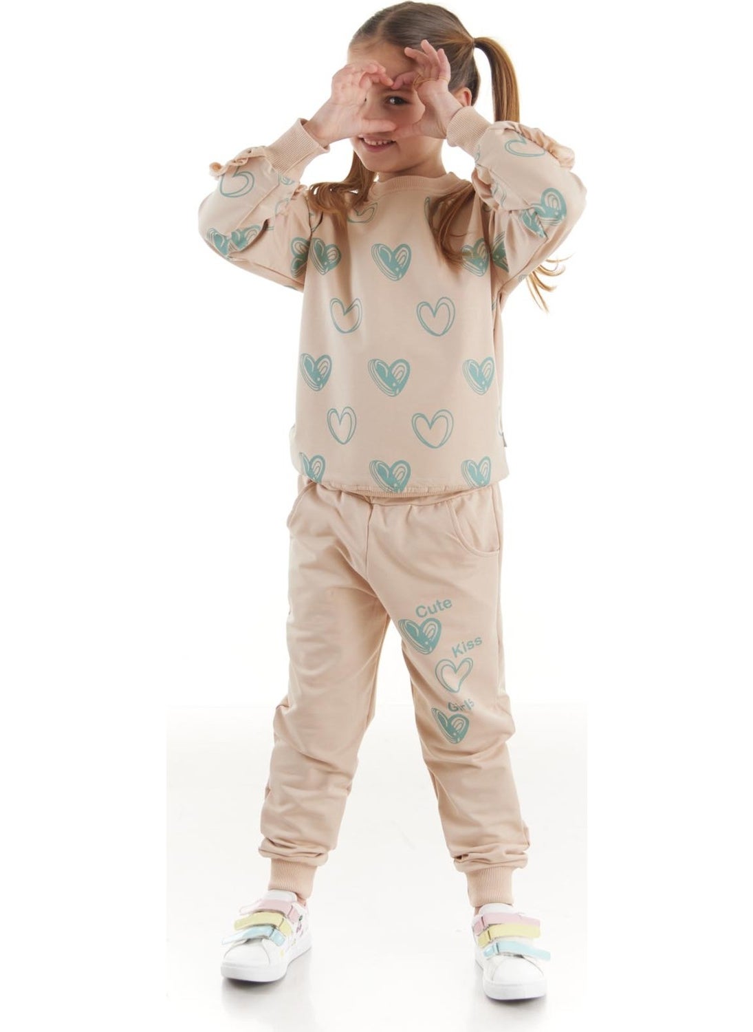 Ahengim - Kids Girls Tracksuit Heart Printed Bottom Top Two Piece Set Cotton Seasonal AK2503 - Image 1