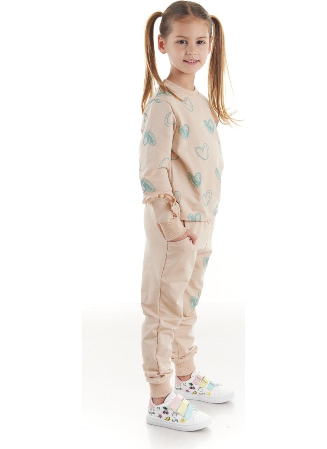 Ahengim - Kids Girls Tracksuit Heart Printed Bottom Top Two Piece Set Cotton Seasonal AK2503 - Image 1