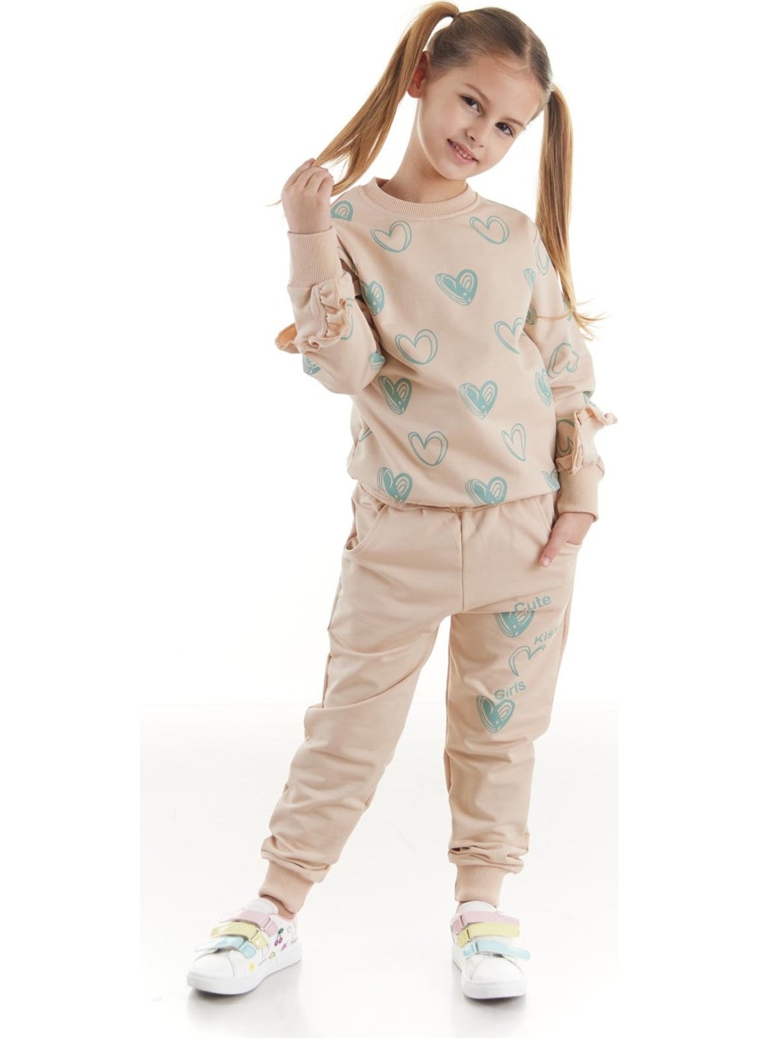 Ahengim - Kids Girls Tracksuit Heart Printed Bottom Top Two Piece Set Cotton Seasonal AK2503 - Image 1