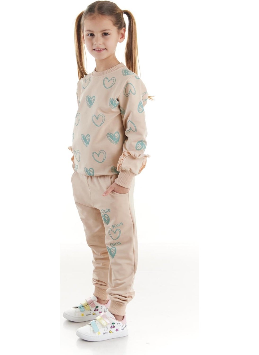 Ahengim - Kids Girls Tracksuit Heart Printed Bottom Top Two Piece Set Cotton Seasonal AK2503 - Image 1