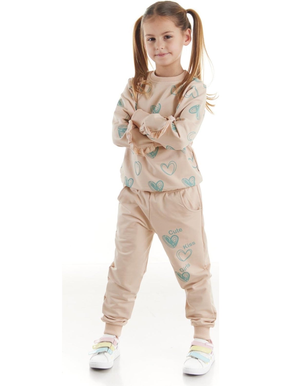 Ahengim - Kids Girls Tracksuit Heart Printed Bottom Top Two Piece Set Cotton Seasonal AK2503 - Image 1