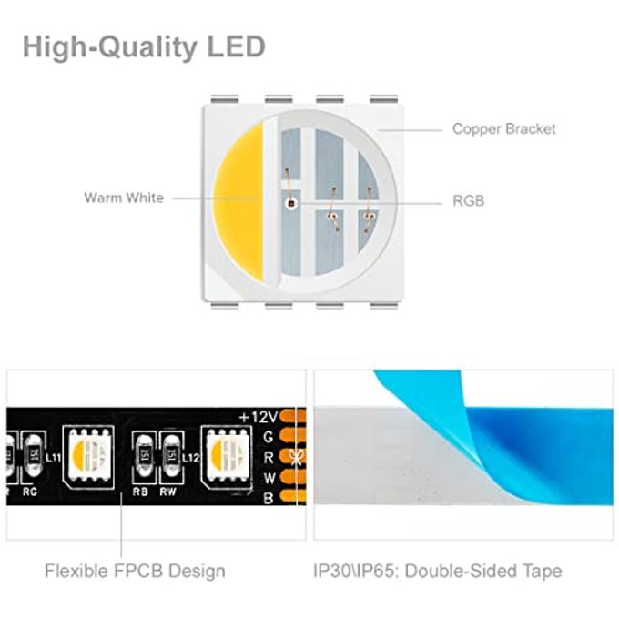 BTF-LIGHTING RGBW LED Strip Lights,UL Listed,5050 4 Colors in 1 RGB + 2700K-3000K Warm White,12V DC,16.4ft/5m 60LEDs/m 12mm Black PCB, IP65 Waterproof for Home Decoration(No Adapter or Controller) - Image 4