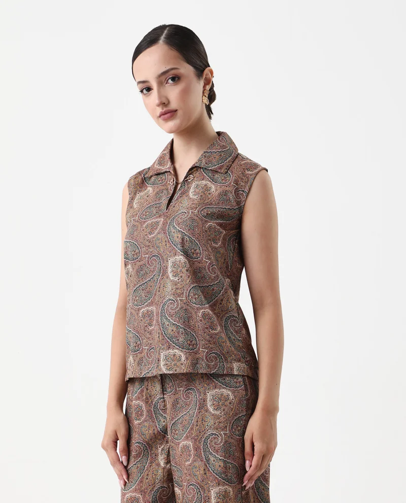 Rareism Rareism Women Ronoro-T Multi 100% Cotton Fabric Sleeveless Collared Neck Boxy Fit Paisley Print Top