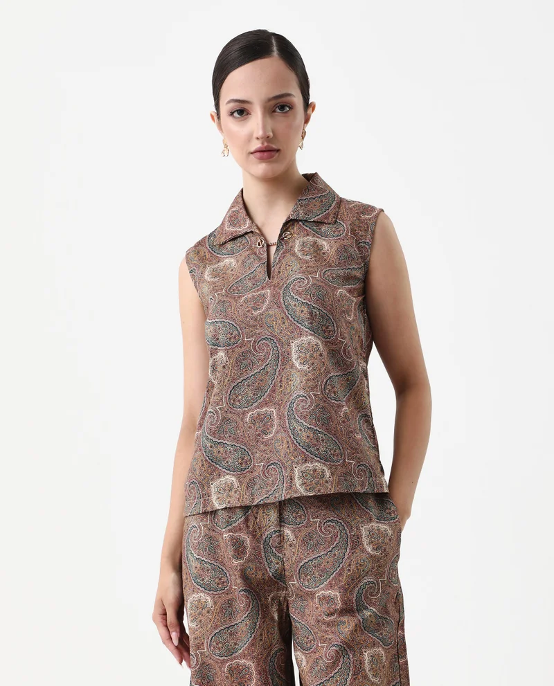 Rareism Rareism Women Ronoro-T Multi 100% Cotton Fabric Sleeveless Collared Neck Boxy Fit Paisley Print Top