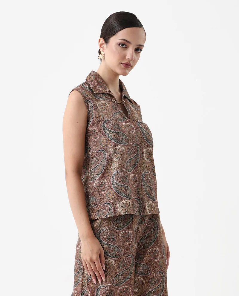 Rareism Rareism Women Ronoro-T Multi 100% Cotton Fabric Sleeveless Collared Neck Boxy Fit Paisley Print Top