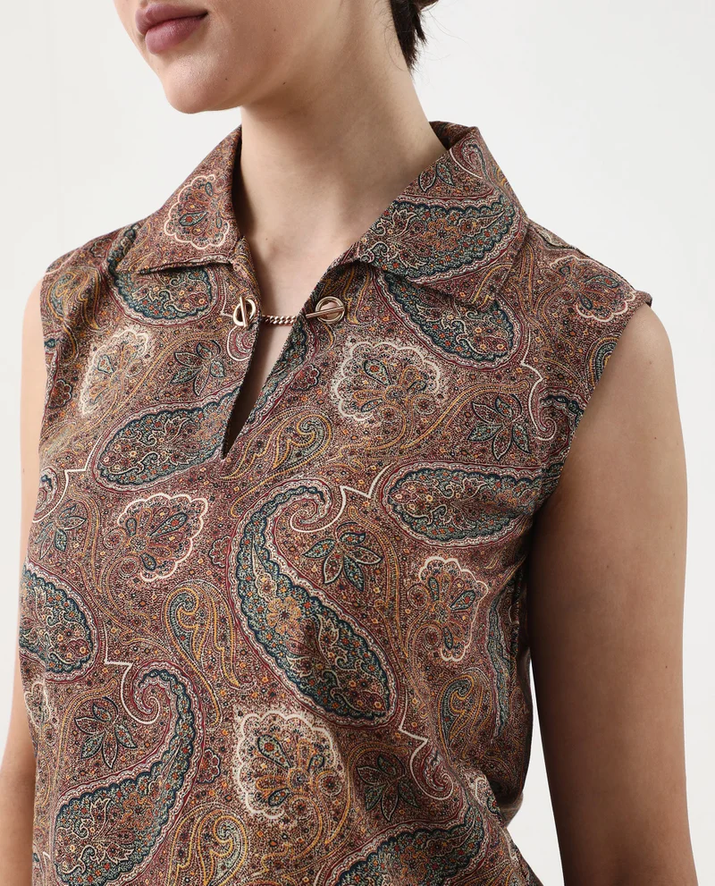 Rareism Rareism Women Ronoro-T Multi 100% Cotton Fabric Sleeveless Collared Neck Boxy Fit Paisley Print Top