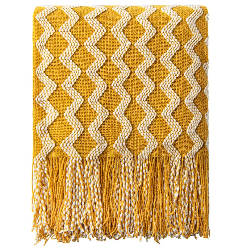 NTBAY NTBAY Acrylic Knitted Throw Blanket Lightweight and Soft Cozy Decorative Woven Blanket with Tassels for Travel Couch Bed Sofa 51x67 Inches Mustard Yellow Wave 