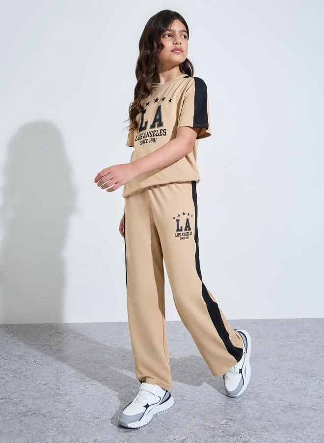 Styli Teen Girls Beige Graphic T-Shirt and Wide Leg Joggers Set