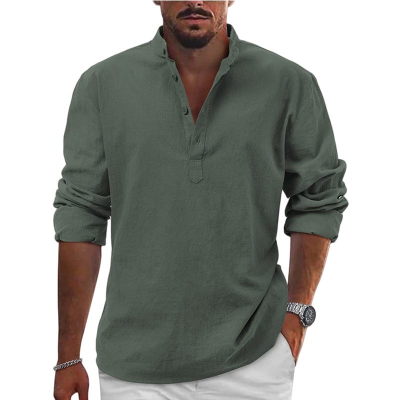 2022 Export Men'S Linen Long-Sleeved T-Shirt Loose Undershirt Pure Color Long-Sleeved Cotton And Linen Shirt Men'S Large Size Dropshipping - Image 3