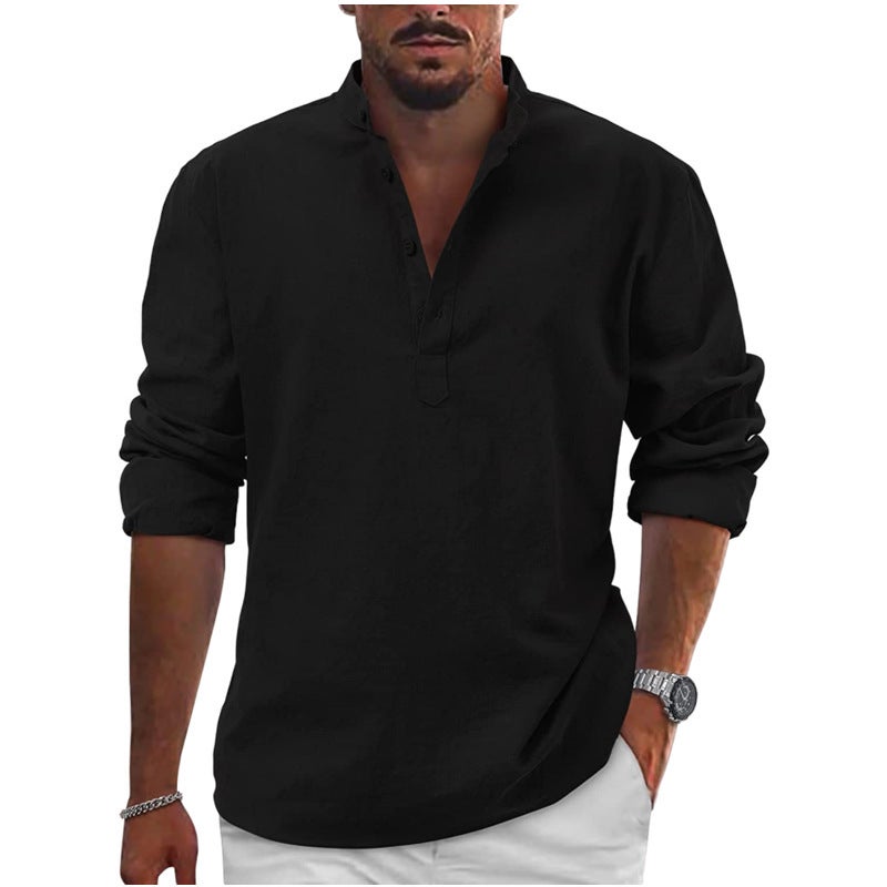 2022 Export Men'S Linen Long-Sleeved T-Shirt Loose Undershirt Pure Color Long-Sleeved Cotton And Linen Shirt Men'S Large Size Dropshipping - Image 4